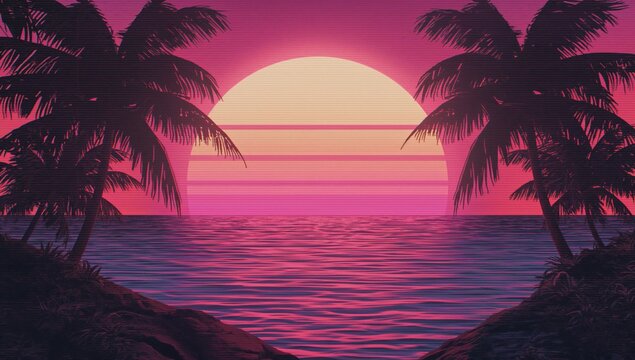 Glowing sun sinking into ocean at tropical beach, with palm trees and rocky shoreline