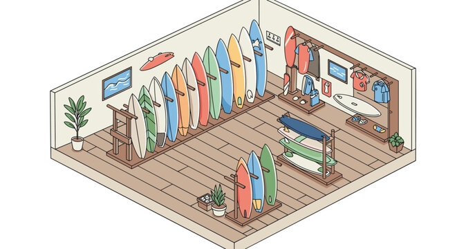 Isometric surf shop interior with boards and gear displayed on racks and shelves