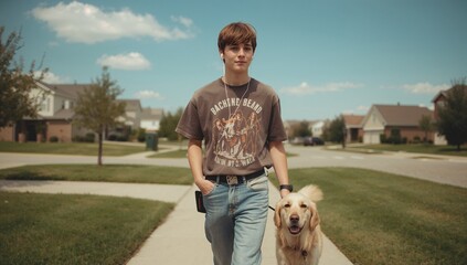Walking teen boy holding leash and guiding golden retriever along sidewalk, with phone clipped belt