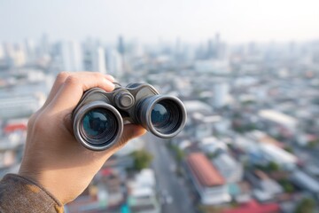 Hand holding binoculars looking over a city