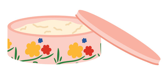 Open vintage powder box with floral design and lid on white background isolated vector illustration