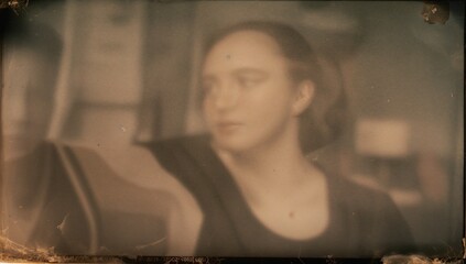 Sitting adult female wearing dark top gazing to her right inside dimly lit room, with lamp