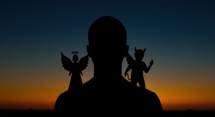 Fototapeta premium Silhouette scene of angel and devil figures debating beside a person under dramatic sunset light, symbolizing good versus evil.