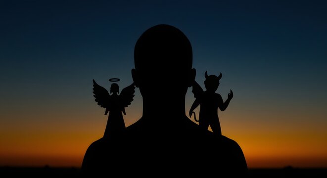 Silhouette scene of angel and devil figures debating beside a person under dramatic sunset light, symbolizing good versus evil.