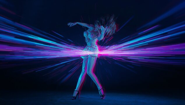 Spinning neon dancer wearing metallic outfit and heels on stage, with glowing hoop, glitch offsets