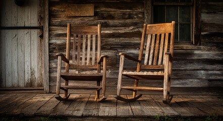 Southern Hospitality. Vintage Wooden Rocking Chairs on Front Porch for Relaxing at Home