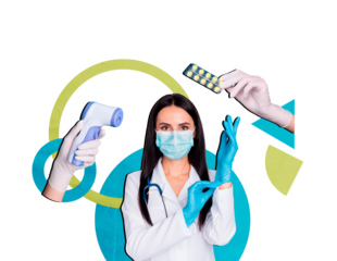 Creative photo collage picture young woman profession doctor medical worker nurse gloves pills check temperature fever mask consultation