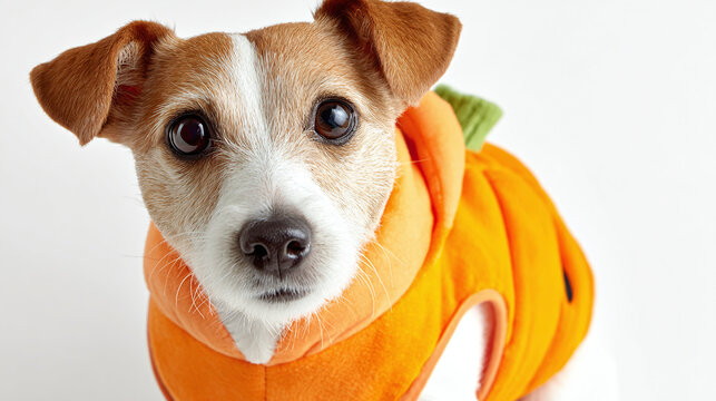 Adorable dog dressed as a pumpkin for a festive occasion, featuring a playful pet in a colorful, seasonal outfit. Cute dog in a pumpkin costume.