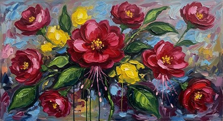 Oil painting of a bouquet of red and yellow flowers