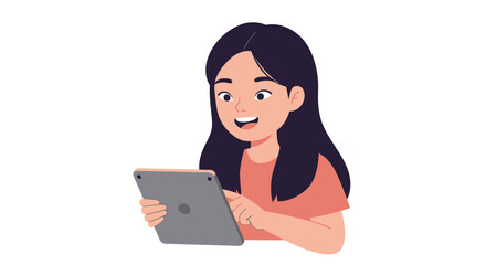 Cheerful young woman enjoys using a tablet for learning, entertainment, or connecting with friends, radiating positivity and a modern, tech-savvy lifestyle