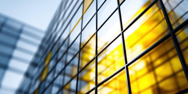 Vibrant Reflection on Modern Glass Building Facade with Grid Pattern
