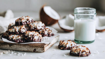Coconut macaroons dipped in dark chocolate on a wooden board alongside a glass of coconut milk and halved coconuts in the background.
