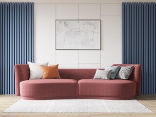Modern living room with a dusty rose sofa and blue fluted walls. Abstract art, colorful pillows, and a geometric rug complete this chic, contemporary space, 3D rendering. © Illustratorstock