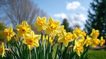 Obraz premium Bright Yellow Daffodils Blooming in a Lush Garden Under a Clear Blue Sky with Soft White Clouds
