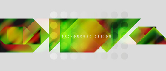 Abstract geometric shapes, vibrant colors, modern design. Background features gradients, triangles, rectangles, circles. Minimalist style.