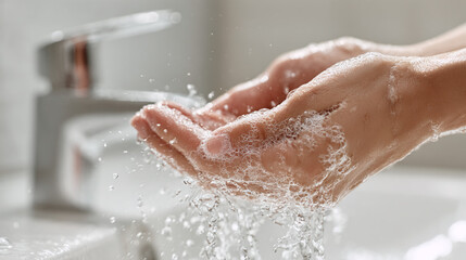 Fototapeta premium Close-up of hands being washed with running water and soap suds, promoting hygiene and cleanliness in a bright, modern bathroom setting.