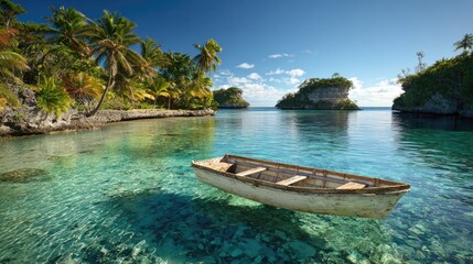 Tranquil seascape with wooden boat floating in crystal clear water