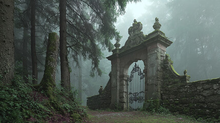Mysterious stone gate in a misty forest, leading to an unseen destination. The gate is covered in moss and looks old and forgotten.