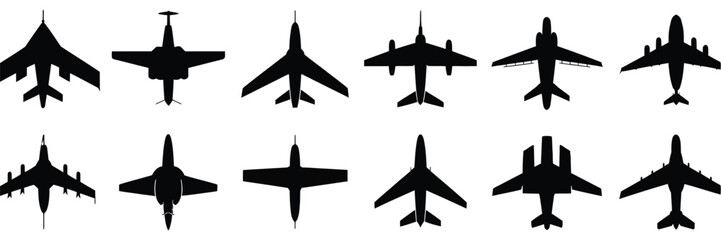 Diverse silhouette vector pack featuring twelve distinct airplane graphics for scalable design projects silhouette vector illustration white background