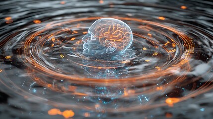 futuristic digital art of transparent mind surrounded by dynamic water rings, each ripple glowing with emotion symbols, balance of energy and calmness, 