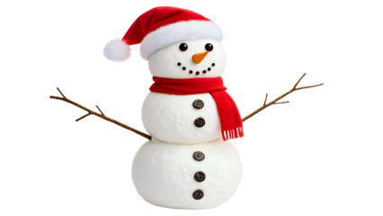 Cute smiling snowman with red scarf and hat  isolated on transparent background
