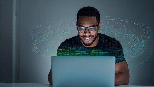 Typing software developer wearing eyeglasses at dim desk, with laptop and holographic code
