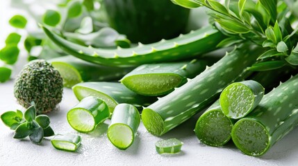 Fresh and Natural Aloe Vera Slices Surrounded by Green Plants and Herbs for Wellness and Skin Care
