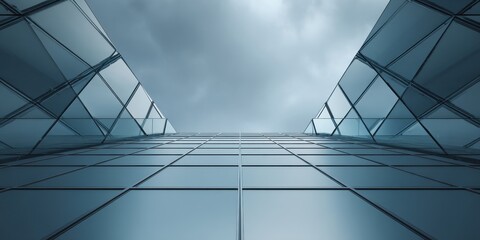 Modern corporate glass building exterior with geometric patterns against cloudy sky