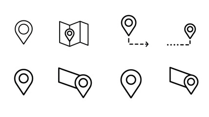 Eight minimalist location pointers map pin icons vector scalable eps for navigation and travel graphics silhouette vector illustration white background