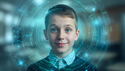 Standing preteen wearing blue patterned shirt with sweater in tech lab, with teal interface overlay