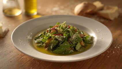 Displaying fresh green salad resting on wooden table, with cherry tomatoes and olive oil dressing