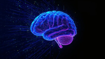 Displaying neon brain model glowing in digital space, with circuit pathways and data particles