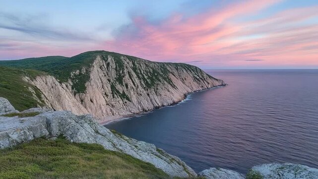 Dramatic coastal cliffs covered in green vegetation under a vibrant pink and blue sky