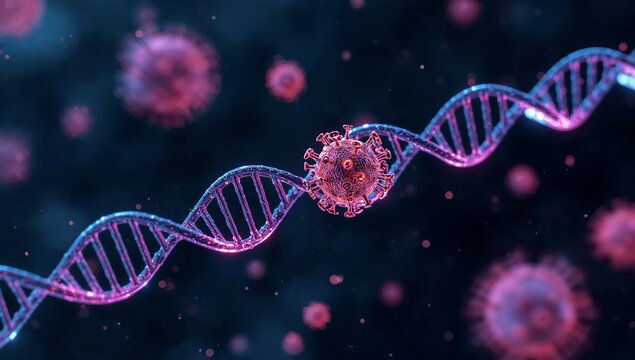 Highlighting DNA helix intersecting virus particle in cellular environment, with spike proteins - Powered by Adobe