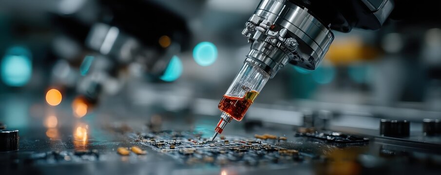 Close-up of robotic arm assembling components on an advanced electronic circuit board