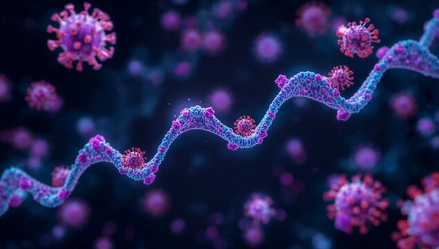 Floating helical RNA strand twisting in simulated microscopic field, with viral spike proteins