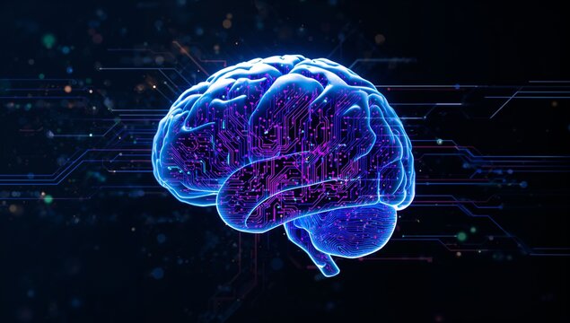 Glowing neon stylized digital brain streaming data in simulation, with circuits and light particles