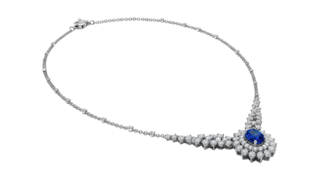 Elegant sapphire and diamond necklace for luxury jewelry concept isolated PNG with Transparent Background
