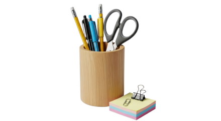 Wooden pen holder with office supplies for study or work isolated PNG with Transparent Background