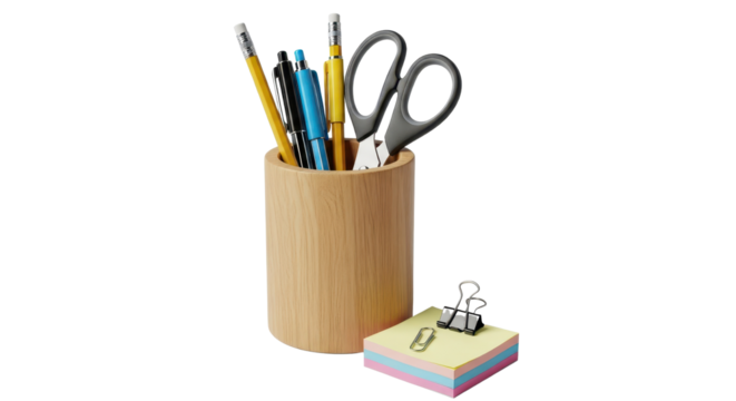 Wooden pen holder with office supplies for study or work isolated PNG with Transparent Background
