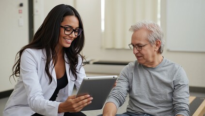 Healthcare professional in white coat and senior patient using tablet in therapy room, sharing plan