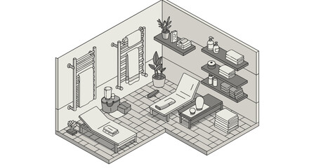 Fototapeta premium Isometric spa room design with relaxation loungers and minimalist decor