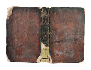 Fully unfolded antique book cover with aged leather texture and vintage look, isolated on transparent background
