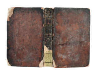 Fully unfolded antique book cover with aged leather texture and vintage look, isolated on transparent background