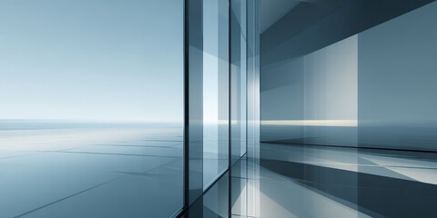 Modern Corporate Building Interior with Large Glass Windows Overlooking Calm Water