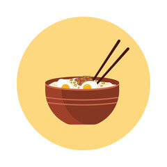 Traditional Taiwanese ramen bowl with eggs and chopsticks on isolated round background vector illustration