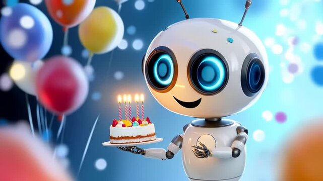 Cute robot celebrating birthday with cake and balloons in festive party scene