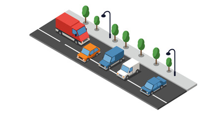 Isometric city street scene with vehicles and streetlights