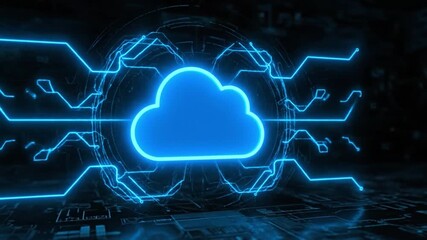 Futuristic digital cloud technology design featuring glowing blue cloud icon, circuit board, and data storage network interface for innovative connectivity solutions - Powered by Adobe