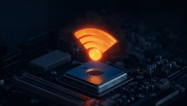 Hovering orange Wi-Fi symbol glowing over network chipset on printed circuit board, with reflection - Powered by Adobe